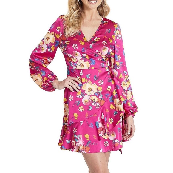 Guess Pink Floral Wrap Dress - Picture 2 of 4